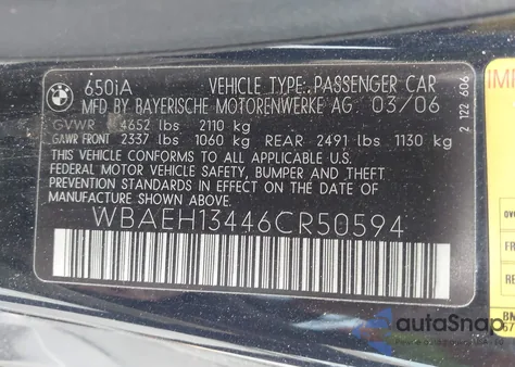 2006 BMW 650I from USA, damaged, VIN WBAEH13446CR50594